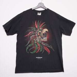 Michoacán Mexico Aztec Skull Feather Headdress Graphic T-Shirt Karani Art Size L